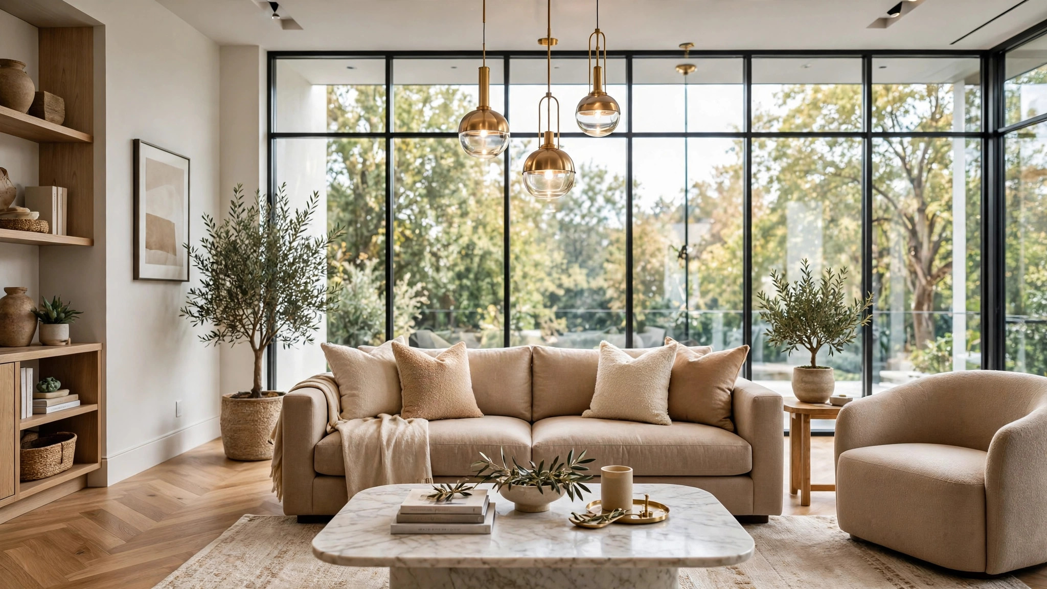 Bright, professionally finished luxury living room interior, after enhancement